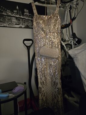 Sequin Embellished Champagne Evening Gown and Purse.